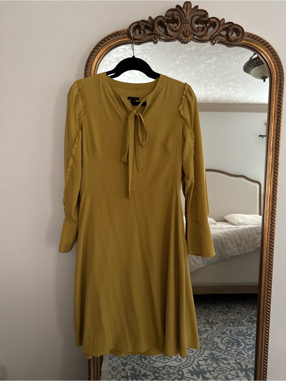 Ann Taylor Mustard Tie-Neck Long Sleeve Midi Dress